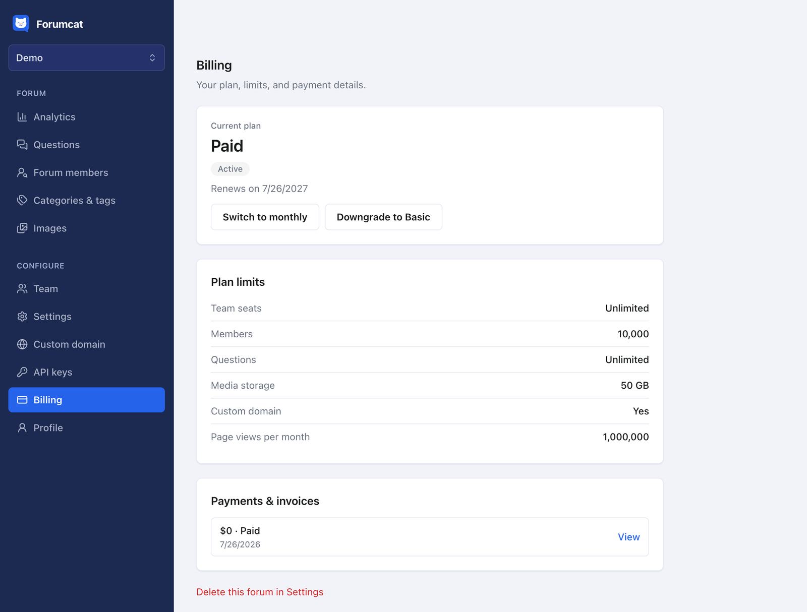 The Billing page: the current plan and its limits.