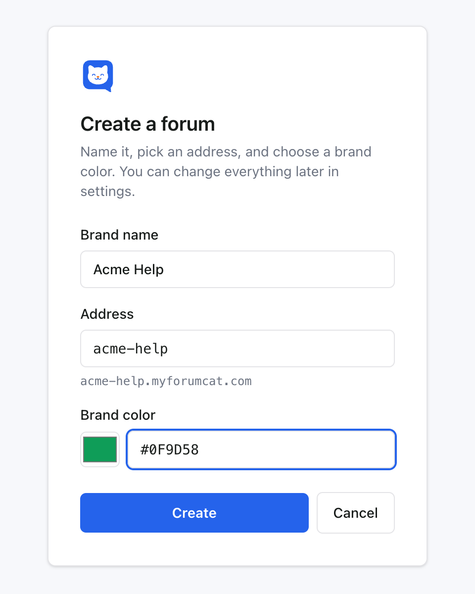 The create-a-forum form: a name and an address, live preview of the portal URL.