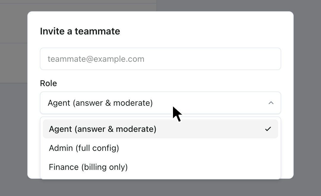 The invite dialog with the role menu open: agent, admin, or finance.