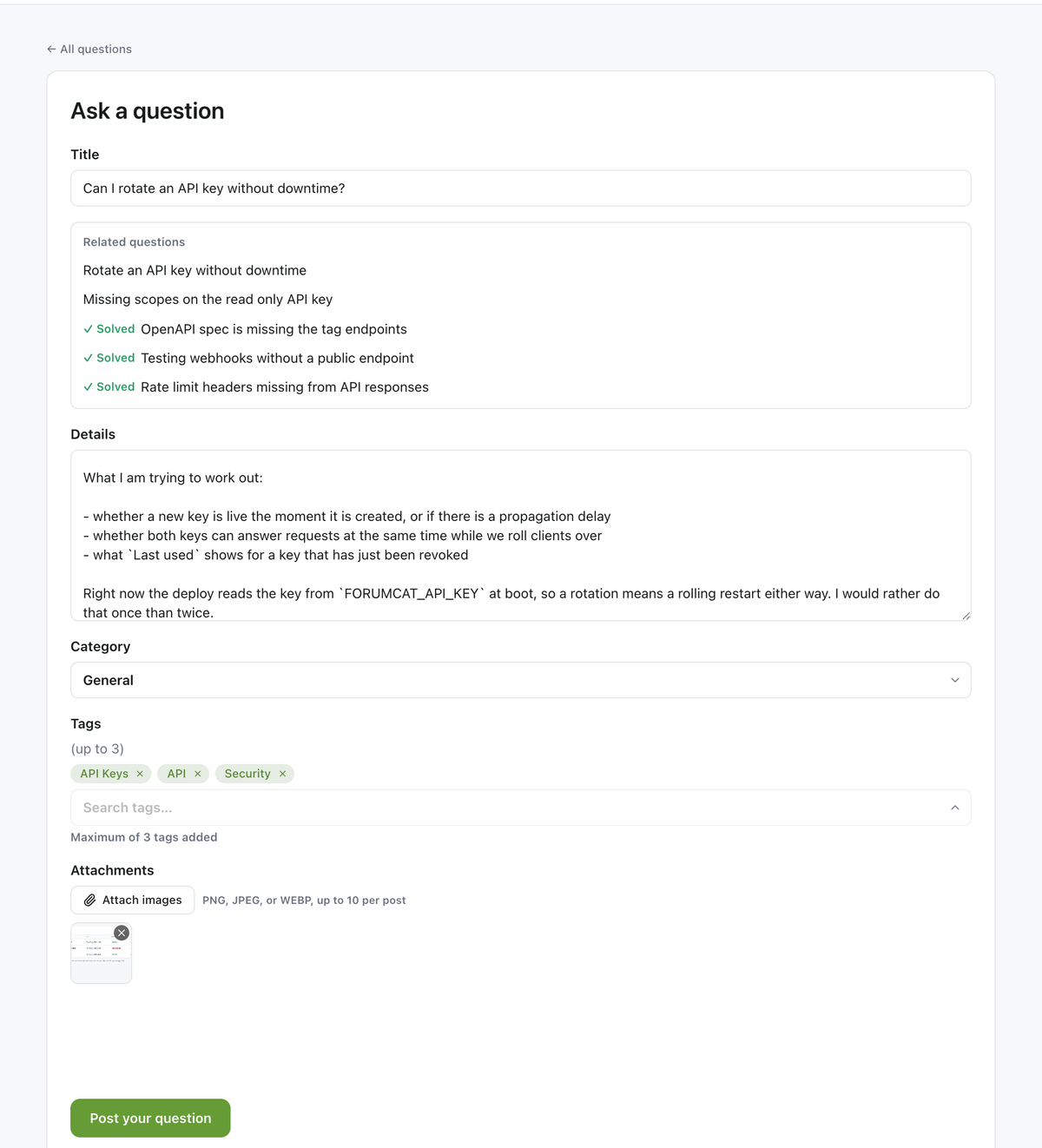 The ask-a-question form filled in: a title, markdown details, one category, tags, and an image attachment.