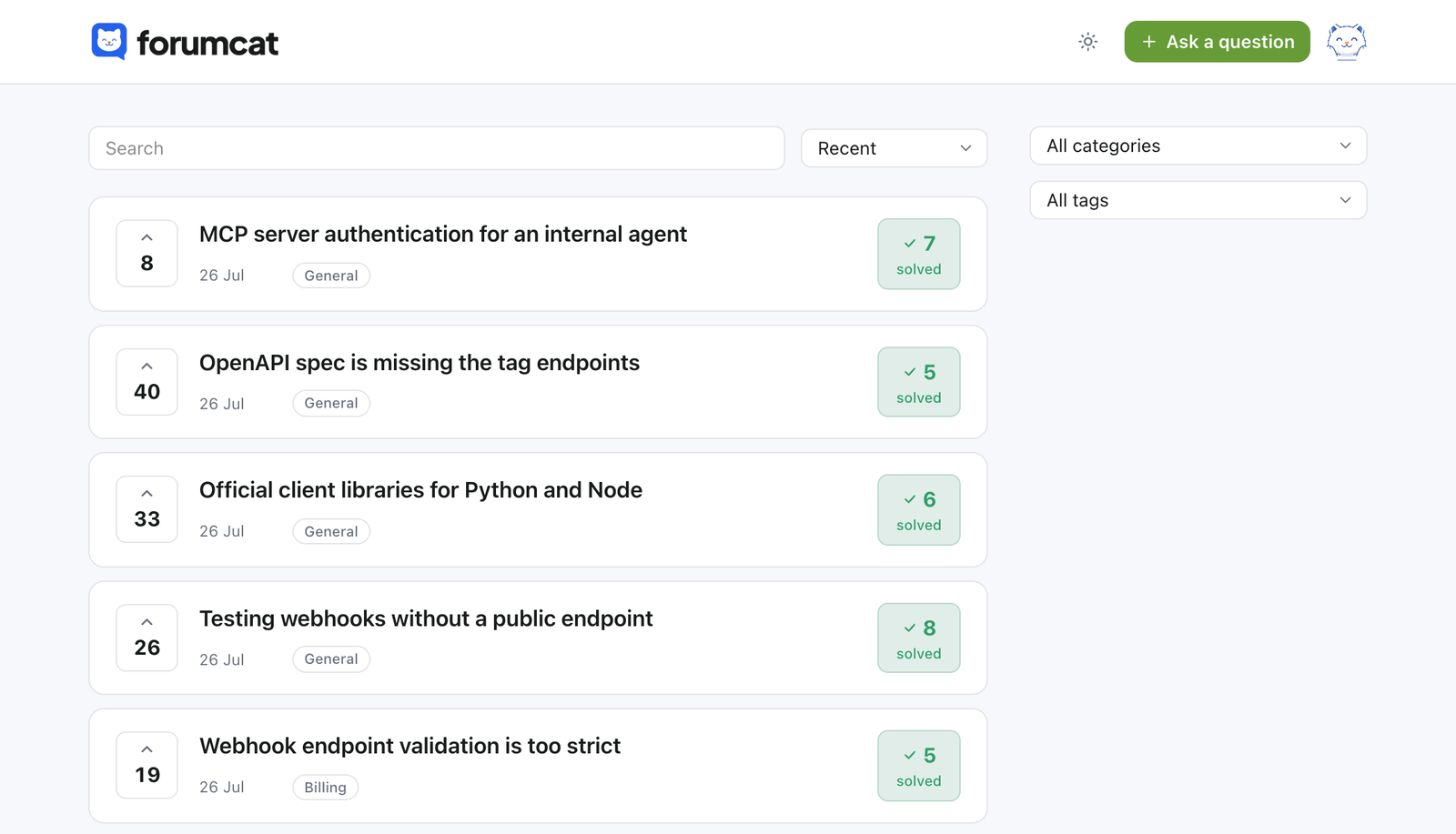 A customer portal home page: a list of questions with vote counts, solved badges, search, and category and tag filters.