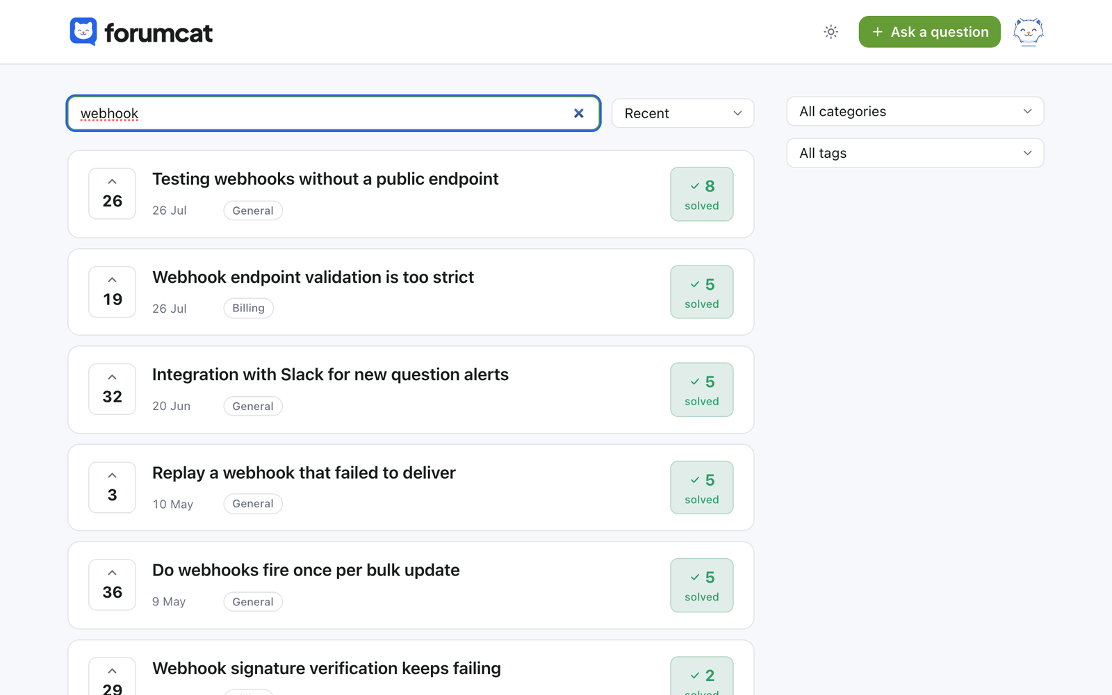 Portal search results for a keyword, ranked, with solved badges.