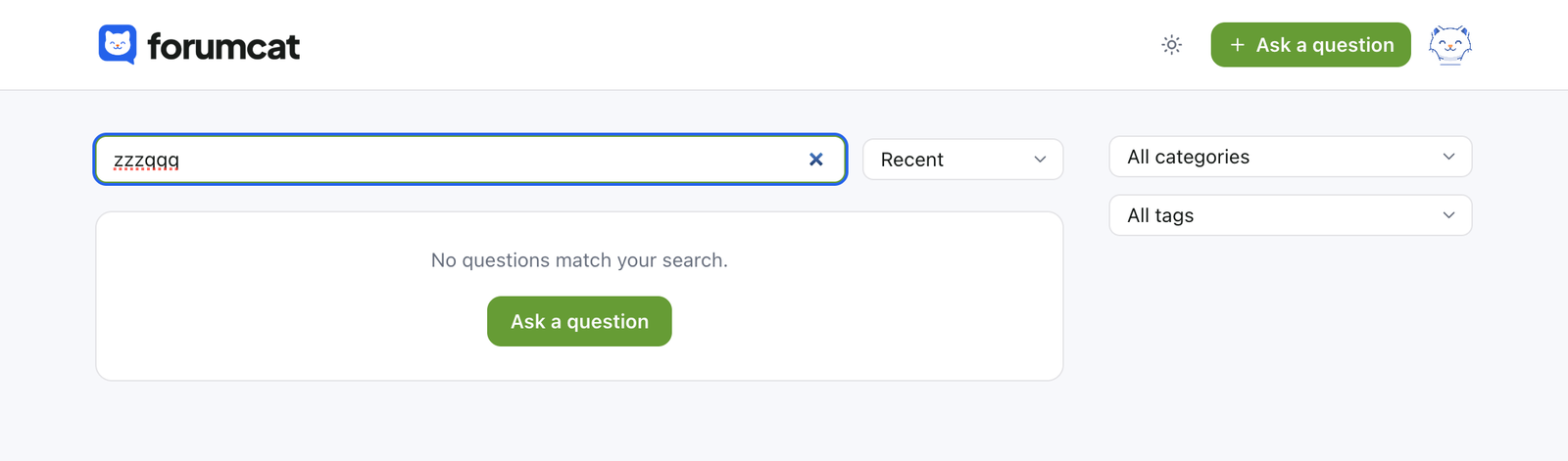 A search that found nothing, with a prompt to ask the question instead.