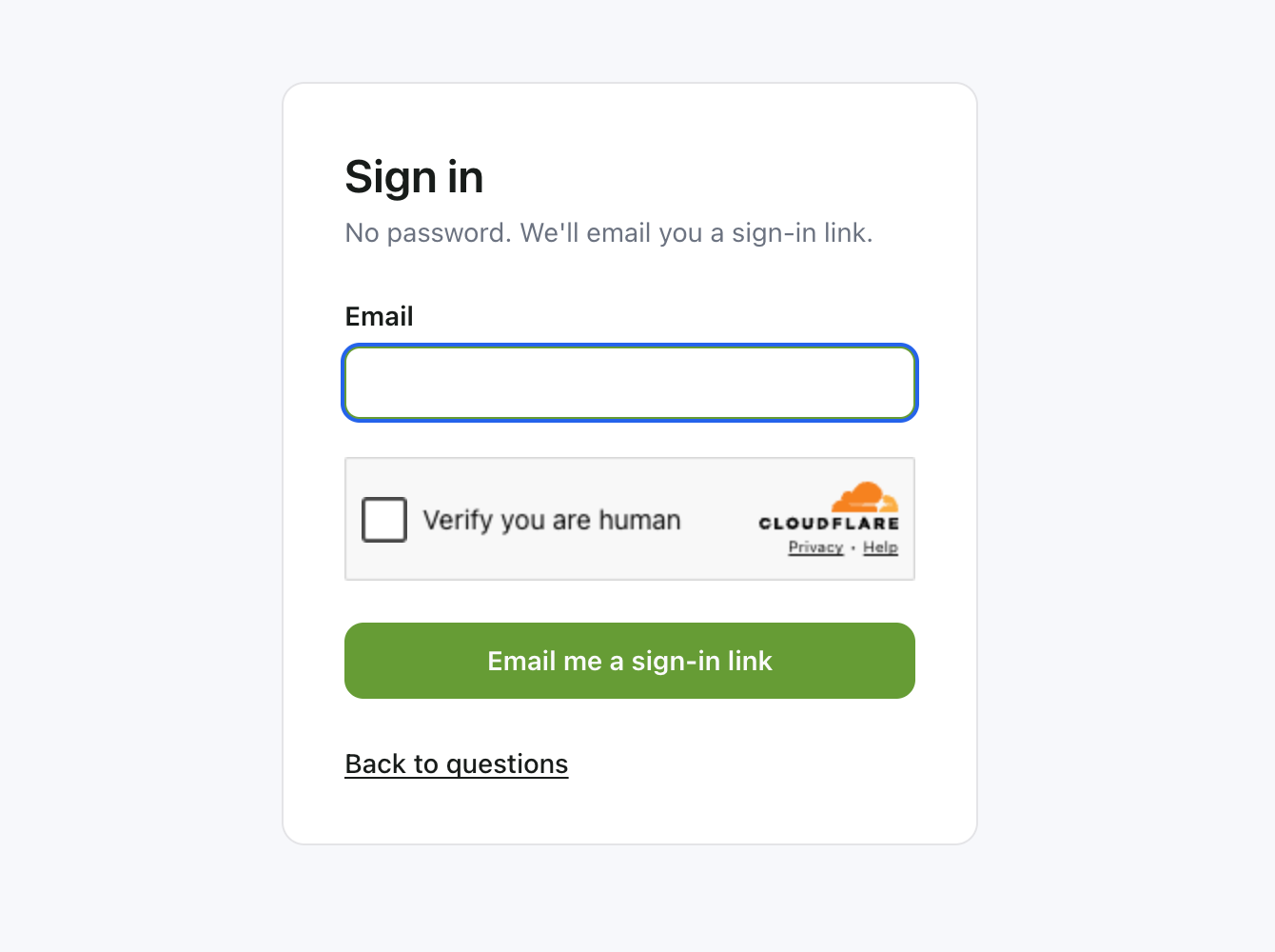The portal sign-in page: type an email and get a sign-in link, no password anywhere.