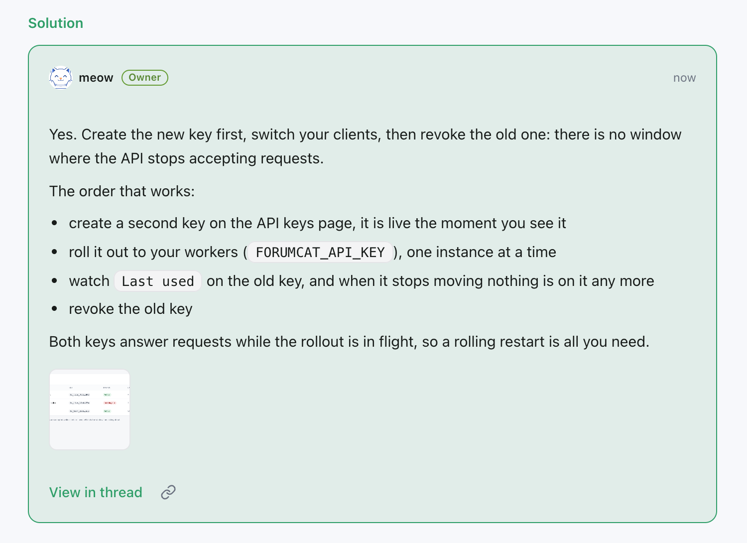 Close-up of an accepted solution: a green Solution label, the staff reply, and the author with a role tag.