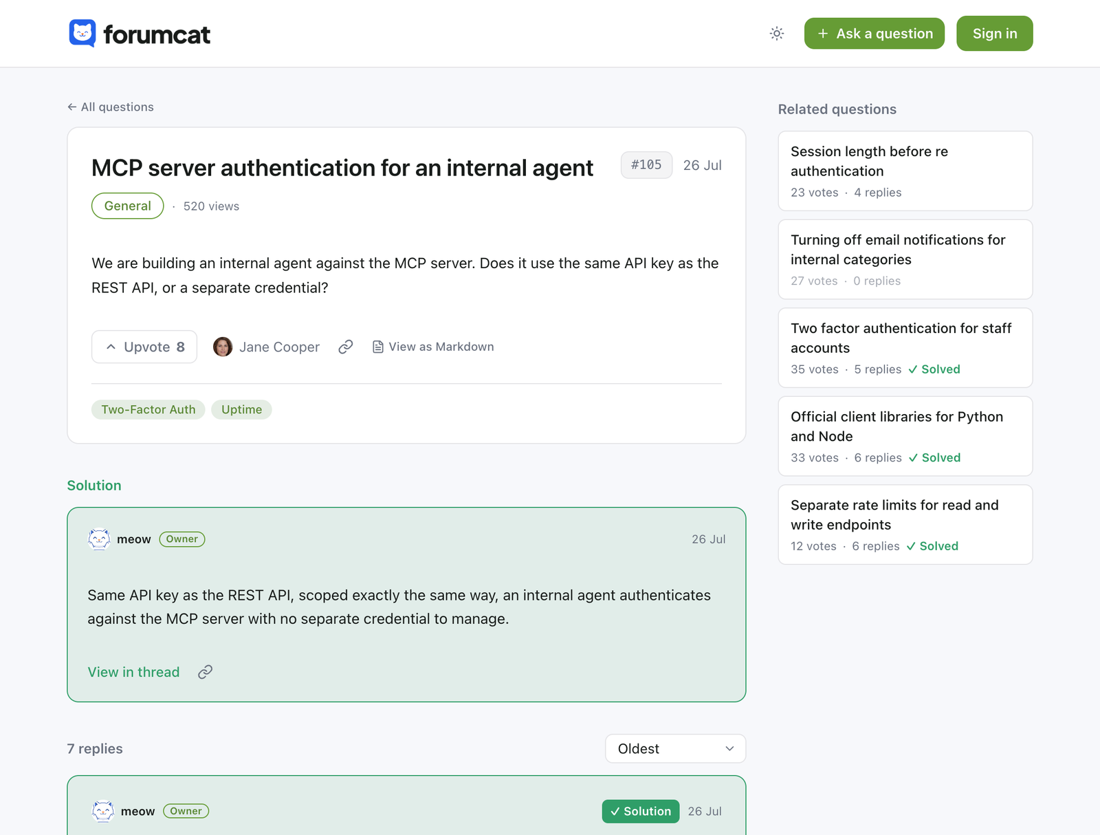 A solved question: the question at the top, the accepted solution pinned under it in a green block, and related questions in the sidebar.